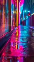 AI generated Rainy night in the city with reflection on the wet pavement. photo