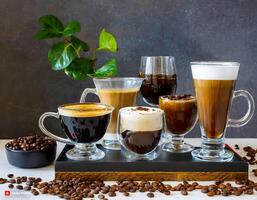AI generated Coffee Latte in glasses and coffee beans on dark background photo