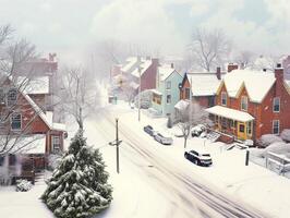 ai generado aéreo ver de cubierto de nieve calle en pequeño pueblo durante invierno. foto