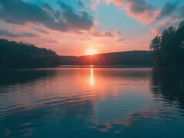 AI generated Sunset over the lake. Beautiful summer landscape. Nature composition. photo