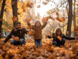 AI generated Happy family playing with autumn leaves in the park. The concept of a happy family. photo