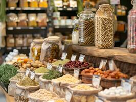 AI generated Variety of spices and dried fruits on display in a grocery store photo