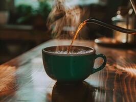 ai generado taza de café con vapor en de madera mesa en café tienda. foto