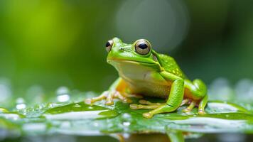 AI generated a bright green tree frog sitting on a leaf above the water photo