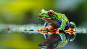 AI generated a bright green tree frog sitting on a leaf above the water photo