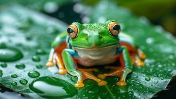 ai generado un brillante verde árbol rana sentado en un hoja encima el agua foto