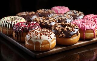 AI generated donuts with a variety of very appetizing toppings on a wooden table photo