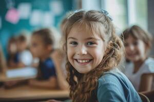 ai generado retrato de linda pequeño niña mirando arriba en salón de clases a elemental escuela. foto