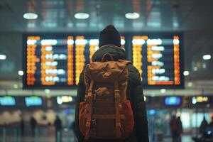 ai generado viajero comprobación vuelo información en aeropuerto tablero con ai generado. foto