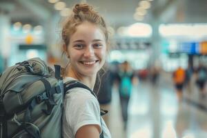 AI generated Happy Female Traveler with Backpack at the Airport with AI generated. photo