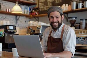 ai generado simpático barista trabajando en ordenador portátil en café tienda con ai generado. foto