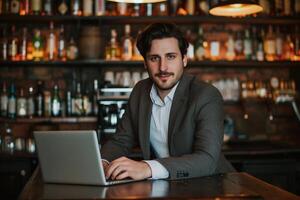 AI generated Entrepreneur Working on Laptop in Cozy Bar Setting. photo