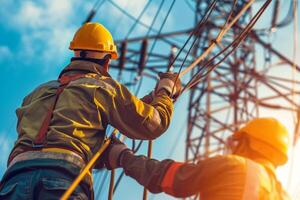 ai generado construcción trabajadores alpinismo a construcción sitio con ai generado. foto