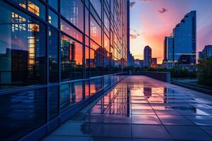 ai generado horizonte y moderno oficina edificios a puesta de sol. foto