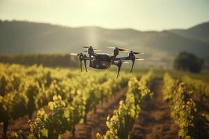 AI generated Drone with digital camera flying over vineyard in sunset light. photo