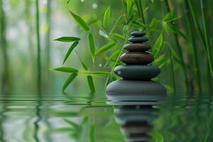 AI generated Spa stones and bamboo on green background. photo