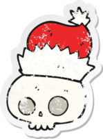 retro distressed sticker of a cartoon skull wearing christmas hat png