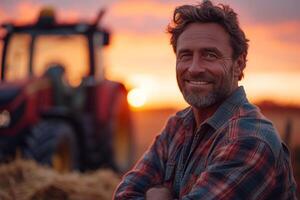 ai generado crepúsculo serenidad, un agricultores contento sonrisa en medio de un ardiente puesta de sol. generativo ai foto