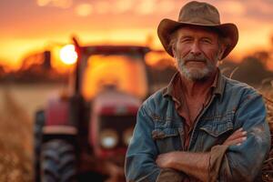 AI generated Twilight Serenity, A Farmers Contented Smile Amidst a Fiery Sunset. Generative AI photo