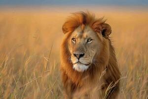 AI generated Majestic Lion Surveying the Plains at Dusk. Generative AI photo