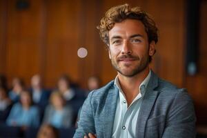 AI generated Confident businessman leading a seminar in modern conference room. Generative AI photo