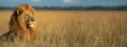 AI generated Majestic Lion Surveying the Plains at Dusk. Generative AI photo