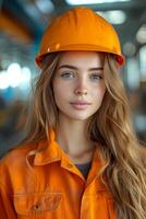 ai generado sorprendentes retrato de un hembra ingeniero a un industrial sitio. generativo ai foto