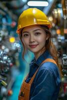 ai generado sorprendentes retrato de un hembra ingeniero a un industrial sitio. generativo ai foto