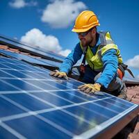 AI generated Expert Technician Installs Solar Panels on a Bright Sunny Day. Generative AI photo