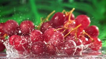 vermelho uvas outono com salpicos em uma molhado mesa. filmado em uma alta velocidade Câmera às 1000 fps. Alto qualidade fullhd cenas video