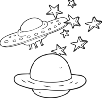 black and white cartoon flying saucer and planet png