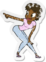 retro distressed sticker of a cartoon pretty woman pointing png