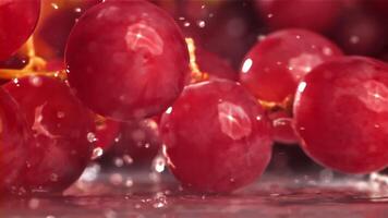 Red grapes fall with splashes on a wet table. Filmed on a high-speed camera at 1000 fps. High quality FullHD footage video