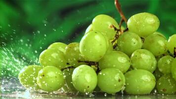 White grapes fall on a wet table with splashes. Filmed on a high-speed camera at 1000 fps. High quality FullHD footage video