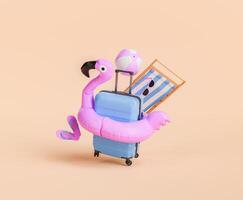 Inflatable Flamingo and Suitcase with Summer Gear, Holiday Concept photo