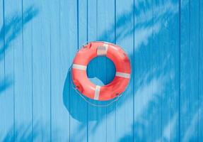 Lifebuoy on Blue Wooden Wall with Palm Shadows photo