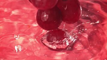 Red grapes fall with splashes into the water. Top view. Filmed on a high-speed camera at 1000 fps. High quality FullHD footage video