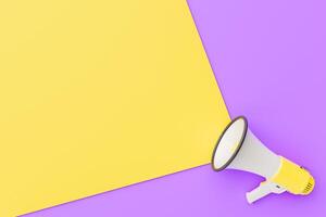 Megaphone with Copy Space on Yellow and Purple Background photo