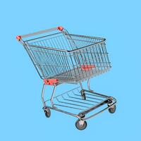 Empty Shopping Cart in MidAir Against Blue Background photo
