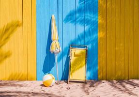 Beach Scene with Yellow Deck Chair, Umbrella, and Ball Against Wooden Wall photo