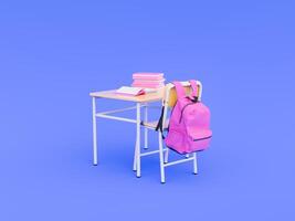 Pink Backpack and Books on Desk Against Blue Background, Study Setup photo