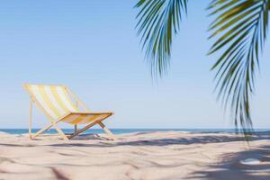 3D rendering of a striped beach chair on sand with palm leaves overhead, summer relaxation concept. photo