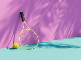 tenis raqueta y pelota con palma sombra en Corte pared foto