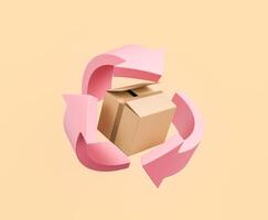 cartulina caja con rosado flechas indicando reciclaje concepto foto