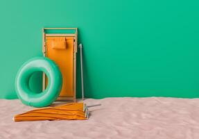 Beach Setup with Sun Lounger, Umbrella, and Swim Ring on Sand photo