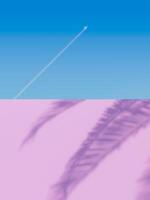 Airplane Trail in Blue Sky Over Palm Shadow on Pink Wall photo