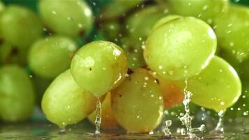 White grapes fall on a wet table with splashes. Filmed on a high-speed camera at 1000 fps. High quality FullHD footage video