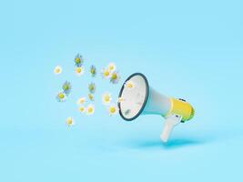 Yellow Megaphone Emitting Daisy Flowers on Blue Background photo