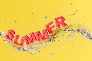 'SUMMER' Watermelon Text with Splashing Water on Yellow Background photo