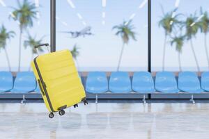 Yellow Suitcase in Airport with Tropical View, Travel Concept photo